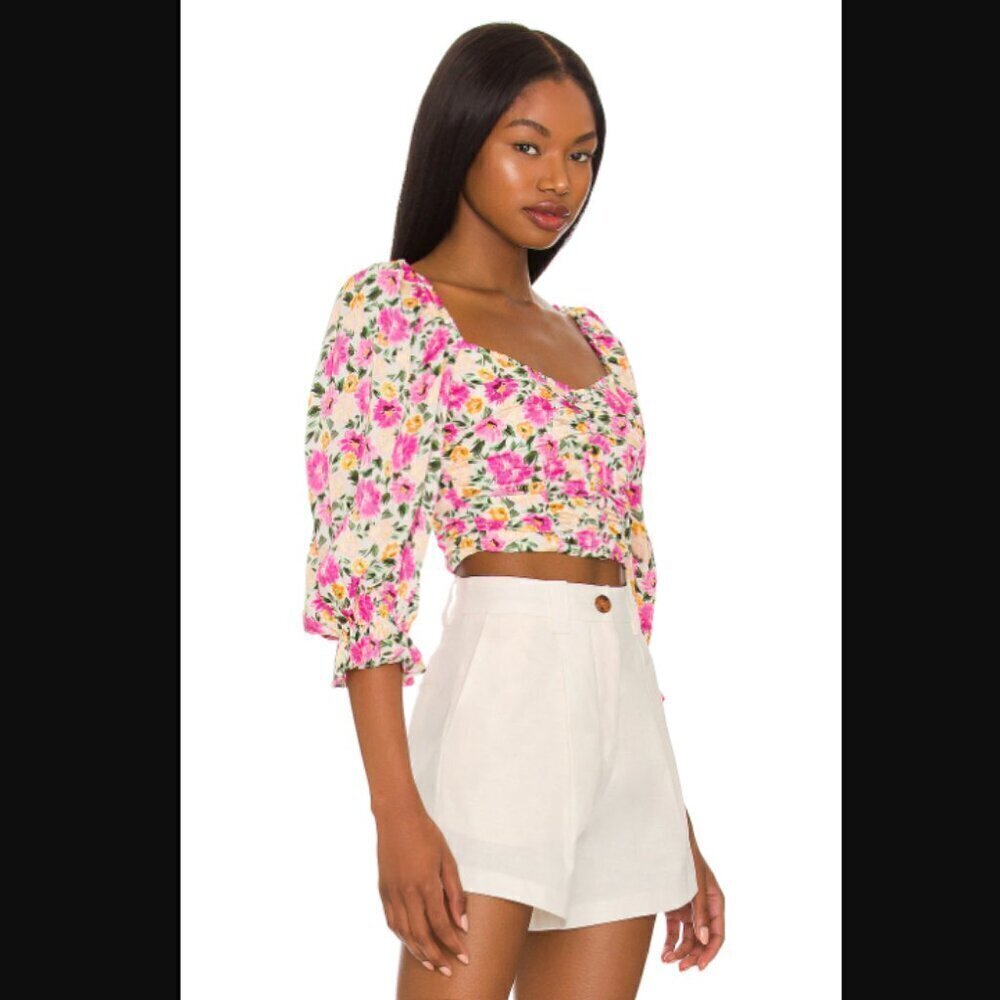 For Love & Lemons Cassia Pink Floral Long Sleeve Crop Top S - Picture 2 of 7